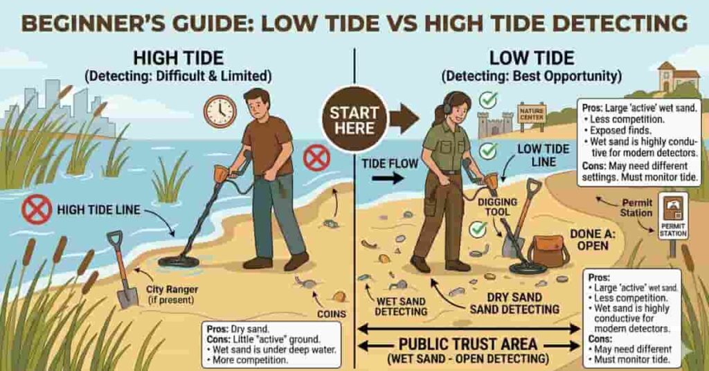 Illustration showing low tide vs high tide zones for metal detecting with labeled tidal lines and equipment