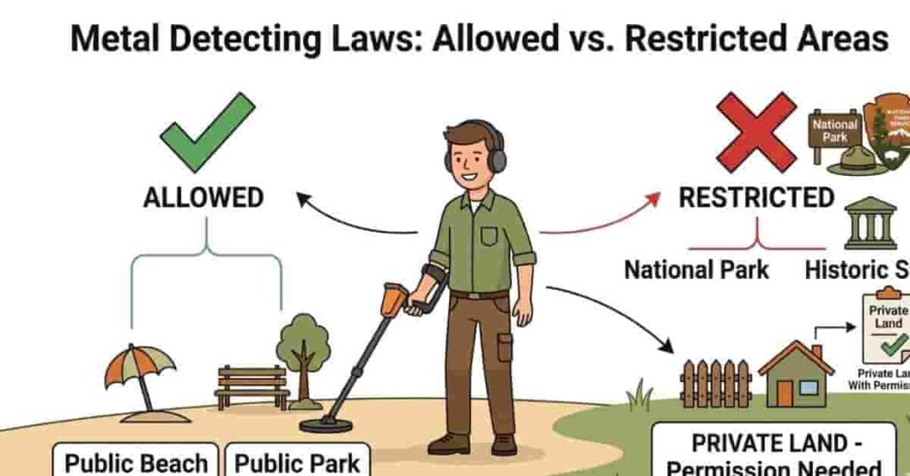infographic showing legal and illegal areas for metal detecting in the United States