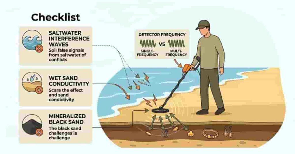 beach metal detecting problems infographic showing saltwater interference wet sand and detector signals