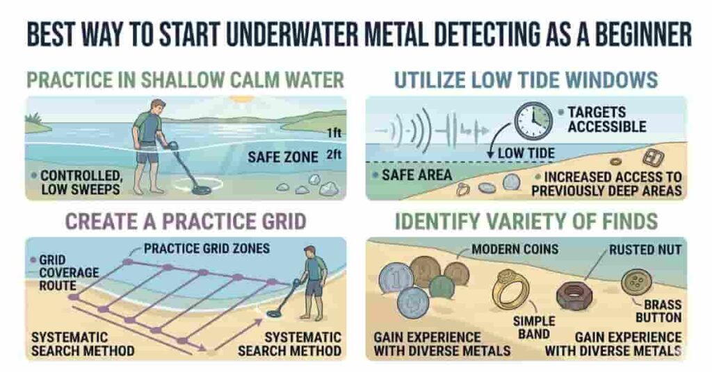 Beginner learning the best way to start underwater metal detecting in shallow calm water with proper practice zones.