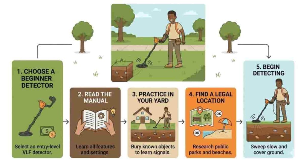 2D vector step-by-step infographic showing the best way for beginners to start metal detecting