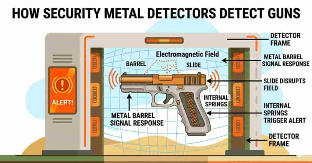 infographic showing firearm metal components triggering a security metal detector