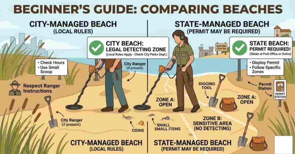 Infographic comparing city-managed and state-managed beaches for metal detecting with labeled rules and permit zones