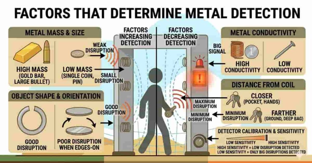 infographic showing factors affecting metal detector detection such as mass conductivity and distance