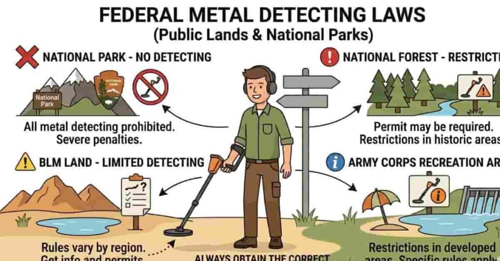 infographic explaining federal metal detecting laws on national parks forests blm land and recreation areas