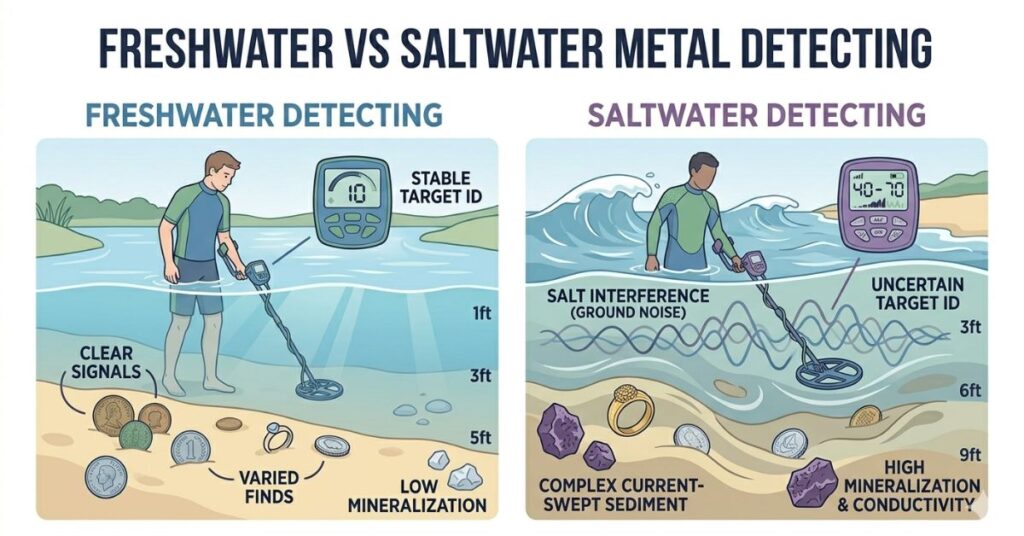 Comparison of freshwater and saltwater metal detecting showing differences in signal accuracy, waves, and depth.