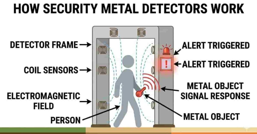 diagram showing how a security metal detector electromagnetic field detects metal objects