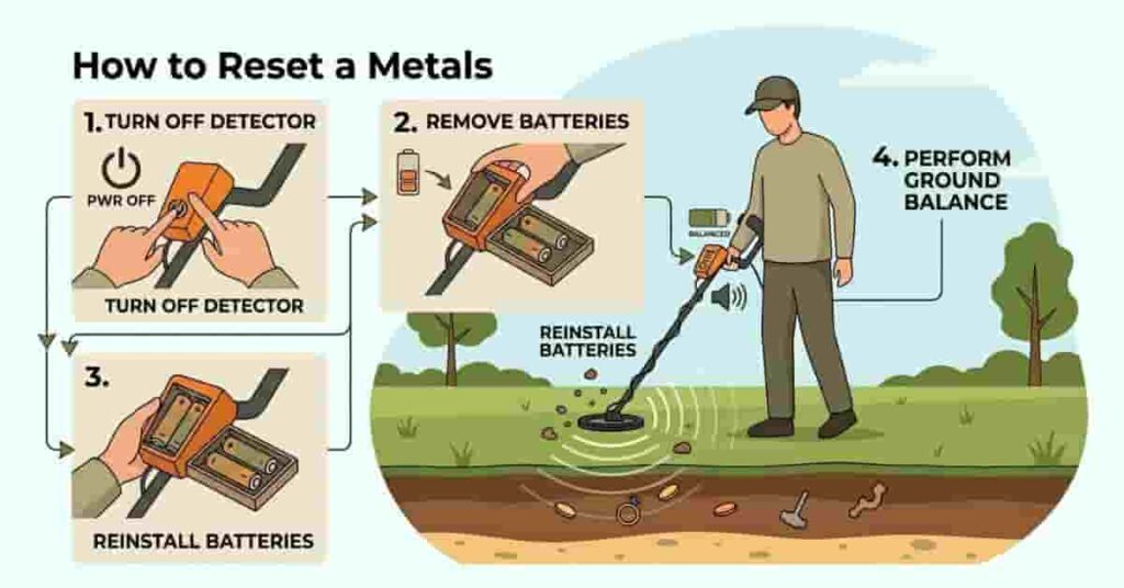 metal detector reset steps infographic showing power off battery removal reinstall and ground balance
