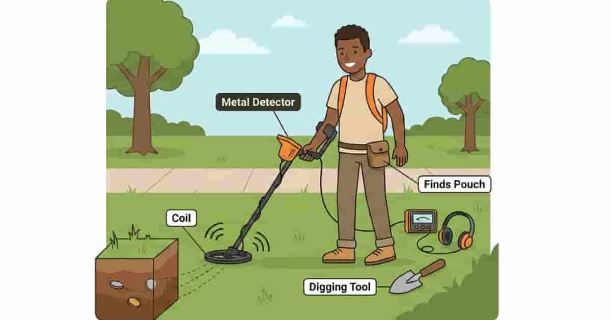 Beginner starting metal detecting in a park with metal detector, digging tool, and coin discovery illustrated in a clean educational vector style.