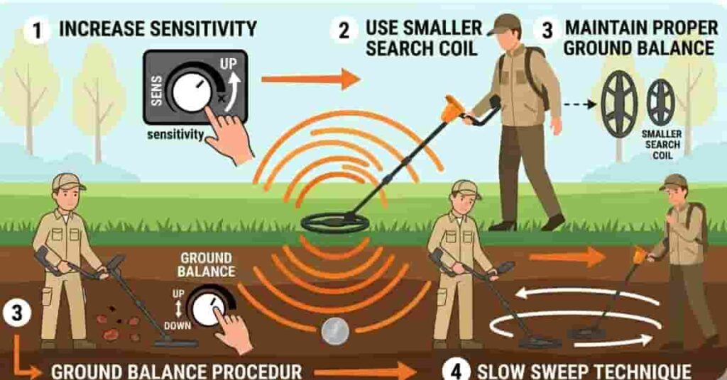 2D infographic showing tips to improve metal detector performance including sensitivity ground balance and slow sweeping.