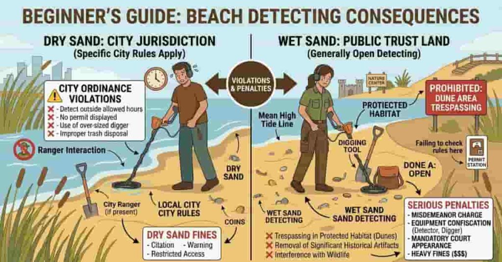 Infographic showing legal vs restricted areas for metal detecting on a beach with labeled zones and equipment