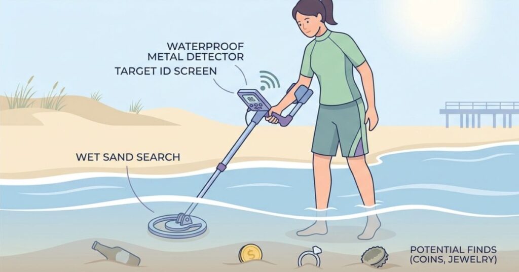 Beginner using a waterproof metal detector on a beach to find lost coins and jewelry, illustrating underwater metal detecting in action.
