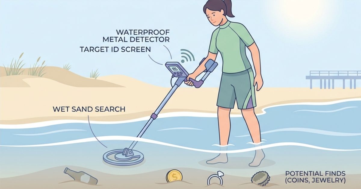 Beginner using a waterproof metal detector on a beach to find lost coins and jewelry, illustrating underwater metal detecting in action.
