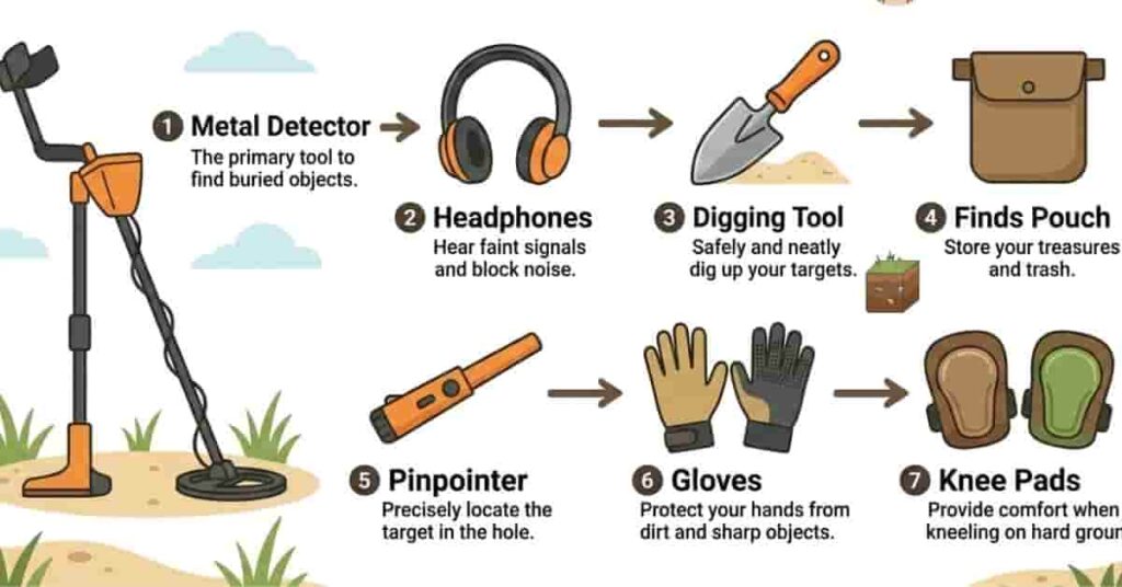 2D vector infographic showing essential equipment needed to start metal detecting