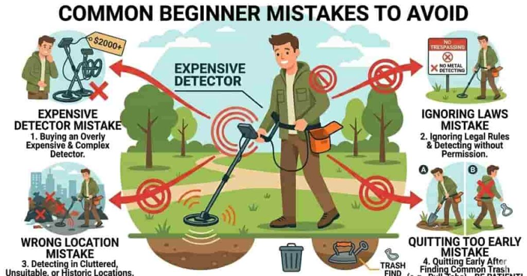 2D vector infographic showing common beginner mistakes to avoid in metal detecting