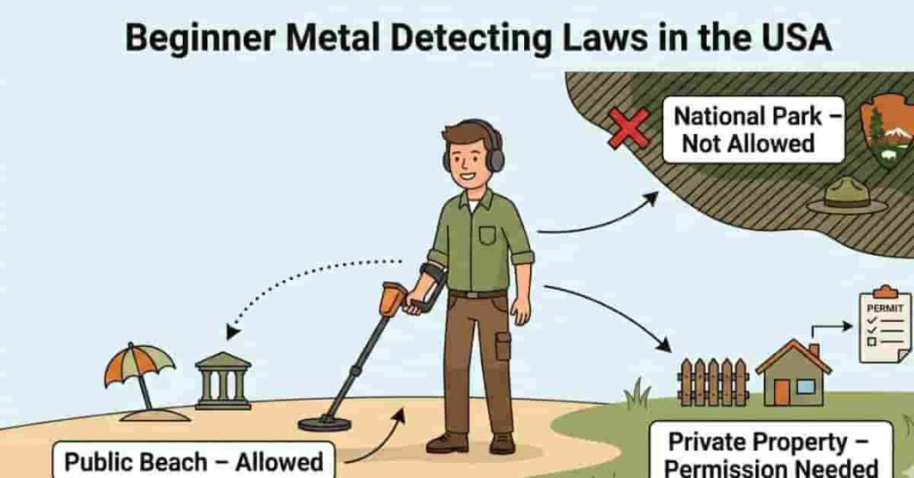 beginner guide infographic showing metal detecting laws in the USA with allowed and restricted detecting areas