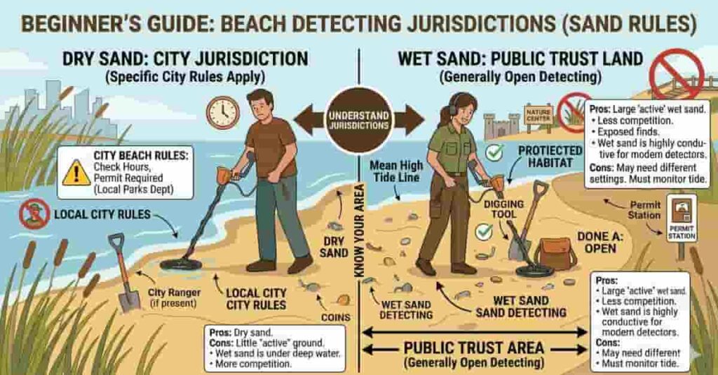 Beginner metal detectorist detecting on a USA beach with labeled legal zones and equipment