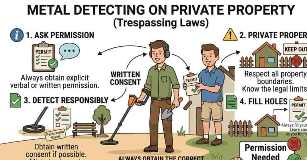 infographic showing permission rules for metal detecting on private property
