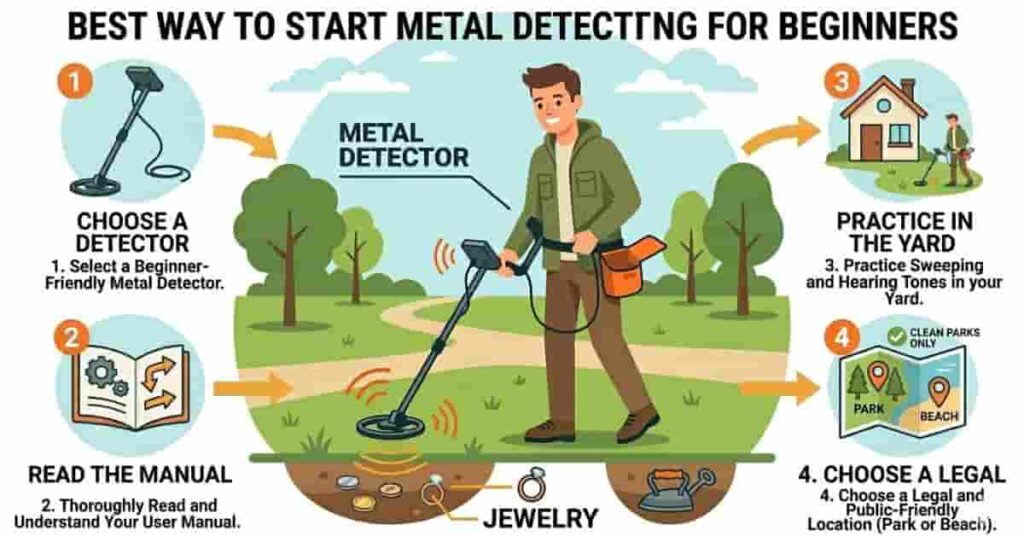2D vector infographic showing important rules and safety considerations before starting metal detecting