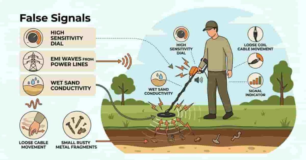 metal detector false signals infographic showing sensitivity EMI wet sand and cable interference