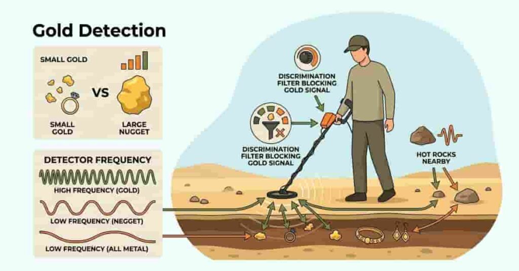 metal detector gold detection infographic showing small gold nuggets frequency signals and discrimination