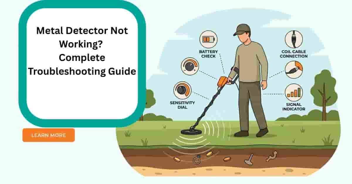 metal detector not working troubleshooting guide illustration showing detector scanning ground with buried coins and signals