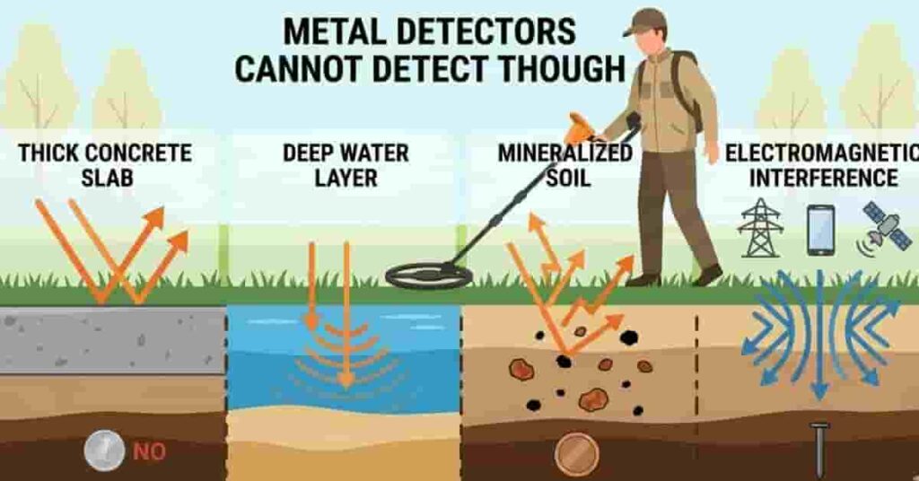 2D infographic showing materials and conditions like concrete water and mineralized soil that weaken metal detector signals.