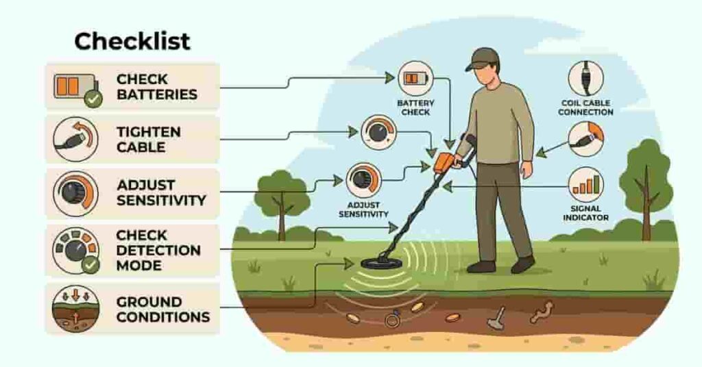 metal detector troubleshooting checklist showing batteries coil cable sensitivity and detection mode checks