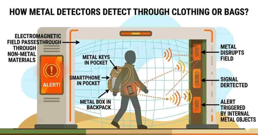 diagram showing metal detector detecting objects through clothing and backpack