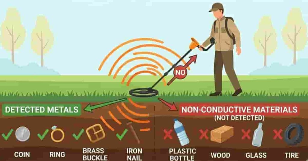 2D infographic showing metals detected by metal detectors compared to non conductive materials like plastic wood and glass.