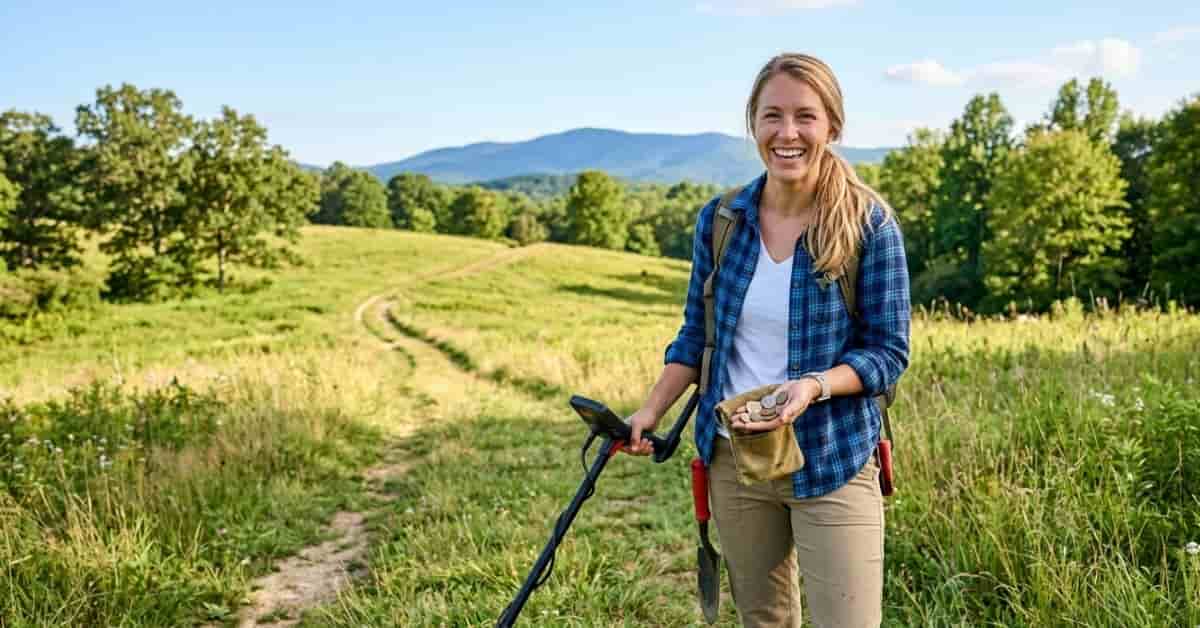 Happy beginner holding metal detector and coins found outdoors.