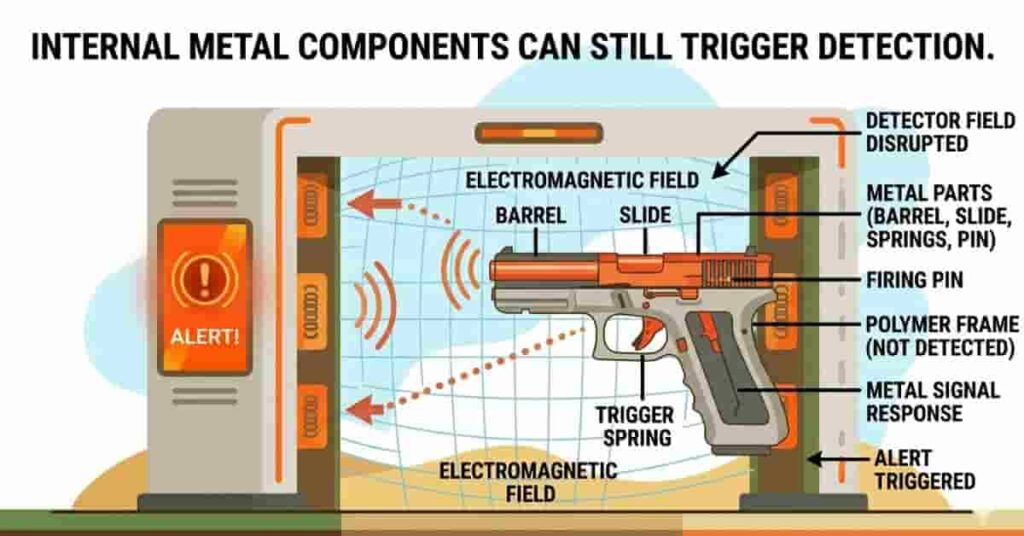 infographic showing polymer weapon with internal metal parts detected by metal detector