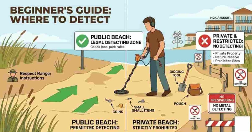Comparison of public vs private beaches for metal detecting with labeled rules and equipment