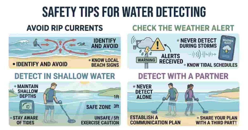 Safety infographic for water detecting showing rip currents, weather alerts, shallow water awareness, and detecting with a partner.