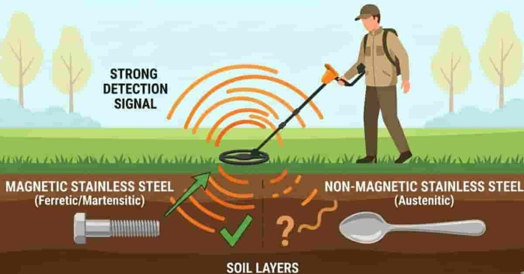 2D diagram showing difference between magnetic and non magnetic stainless steel detection by metal detectors.