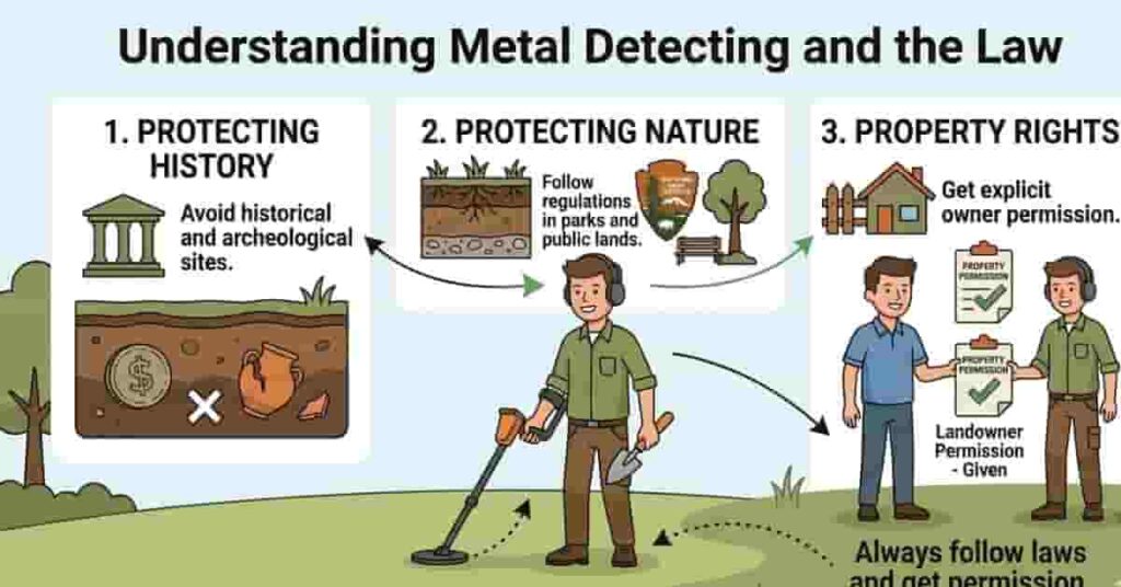 infographic explaining metal detecting and the law including history protection environment and property rights