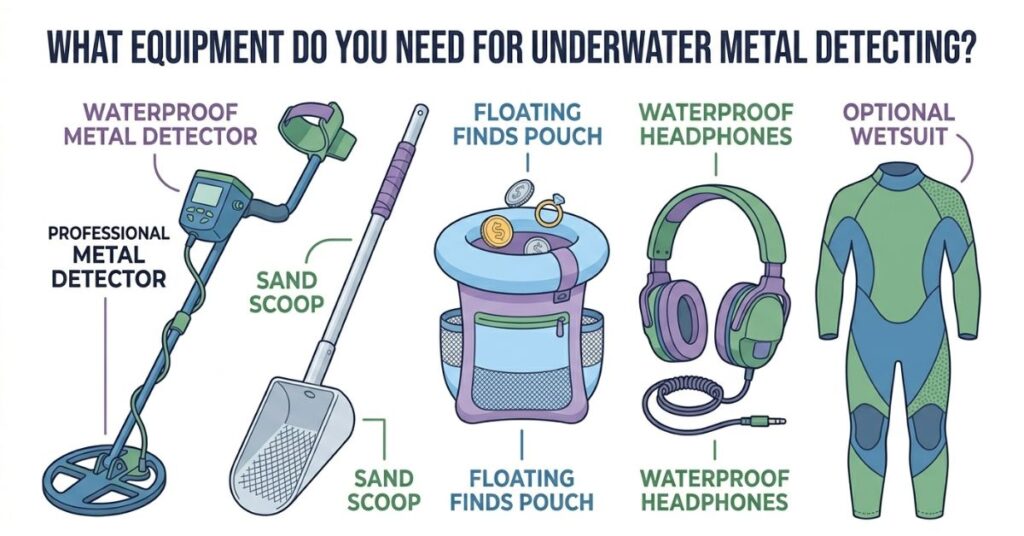 Essential water-specific gear for underwater metal detecting including detector, sand scoop, floating pouch, headphones, and wetsuit.