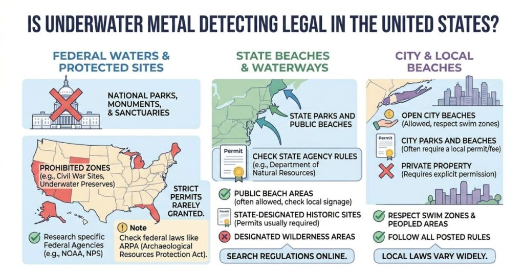 Map of the USA showing legal and restricted areas for underwater metal detecting including federal, state, and city beaches.