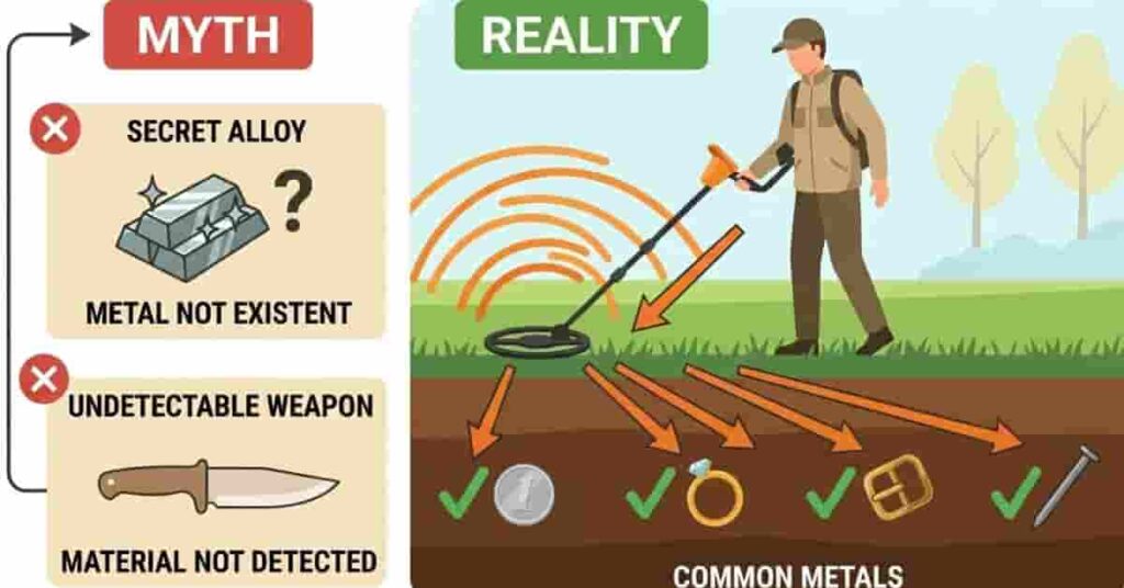 2D infographic explaining myths and facts about metals that metal detectors can detect.