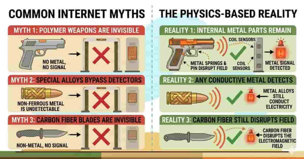 myth vs reality infographic about undetectable weapons and metal detector detection