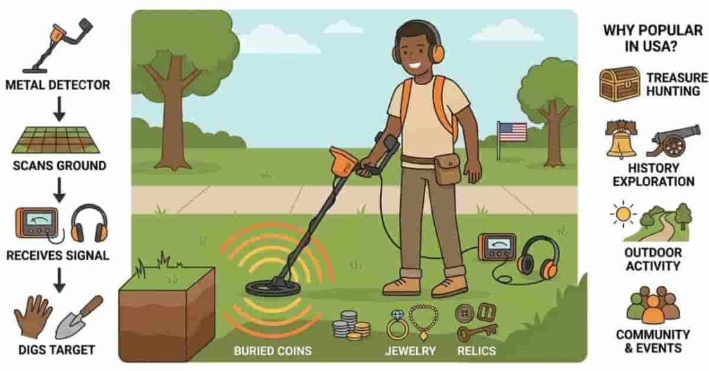 2D vector illustration explaining what metal detecting is with a beginner detecting coins and jewelry in a park