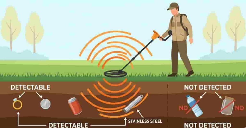 2D vector infographic showing how metal detectors detect different metals and why some materials cannot be detected.