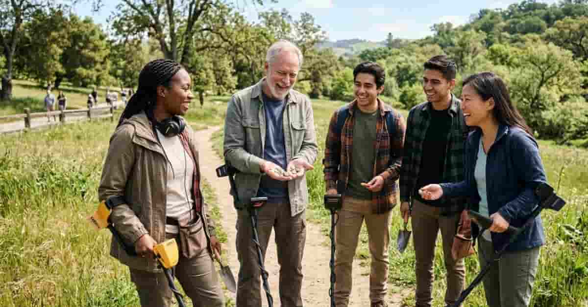 Diverse group of beginners enjoying metal detecting together outdoors.