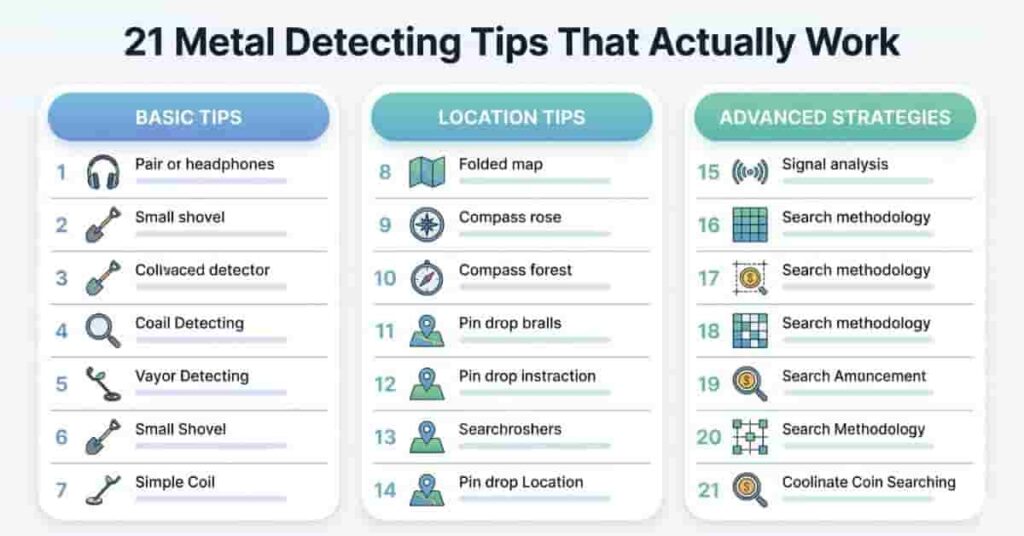 infographic showing 21 metal detecting tips and techniques for beginners and advanced users