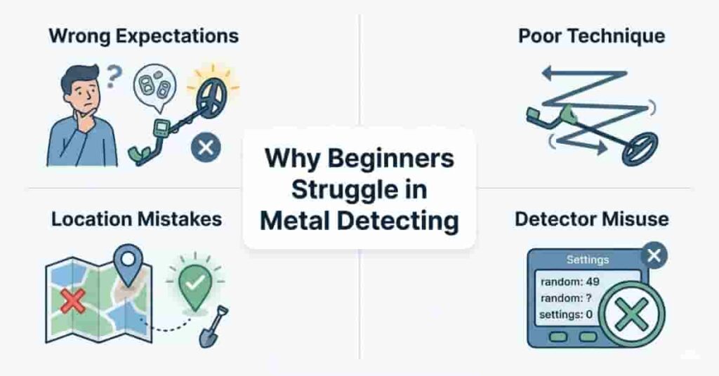 infographic showing why beginners struggle with metal detecting including technique mistakes and wrong settings