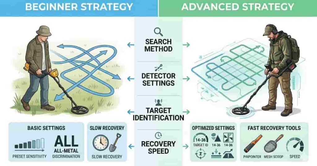 comparison infographic showing beginner vs advanced metal detecting strategies and techniques