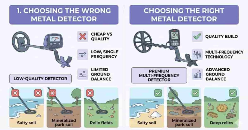 Comparison of cheap vs quality metal detectors with labels showing beach, park, and relic hunting suitability, beginner-friendly educational image.