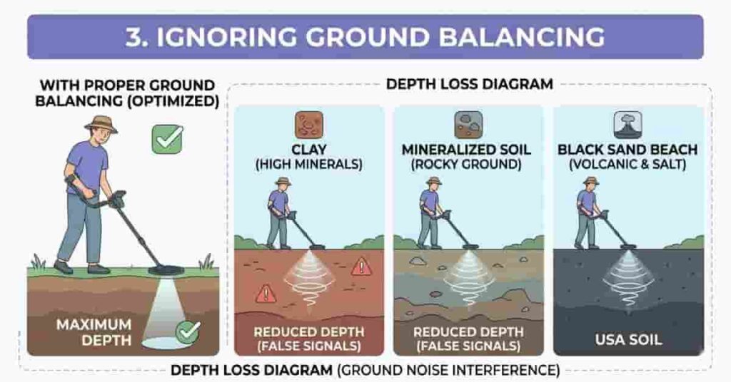 Beginner metal detectorist adjusting ground balance on different soil types including clay, mineralized soil, and black sand beaches for better detection.