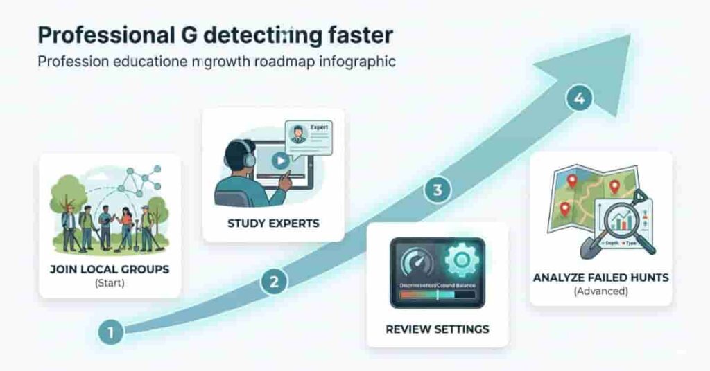 metal detecting improvement roadmap infographic showing steps to become better detectorist faster