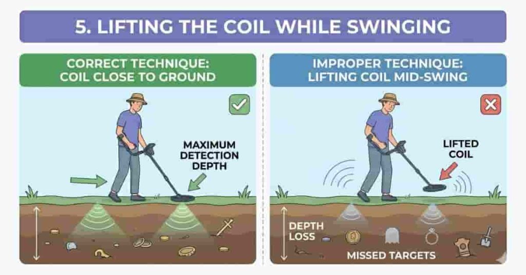 Metal detector coil lifted during swing showing depth loss and missed targets, beginner educational illustration.